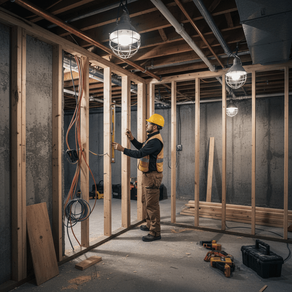 Basement renovation with structural framing and electrical rough-in