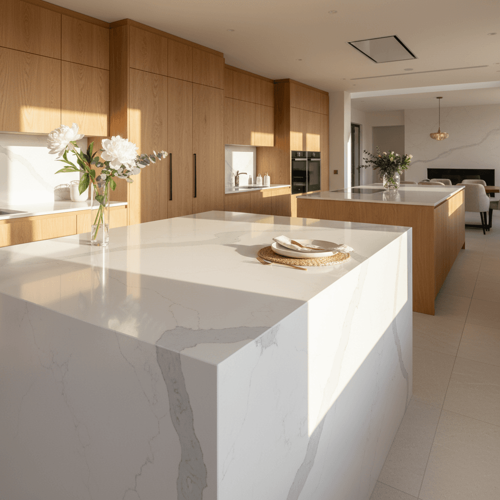 Premium marble or quartz countertop in luxury kitchen