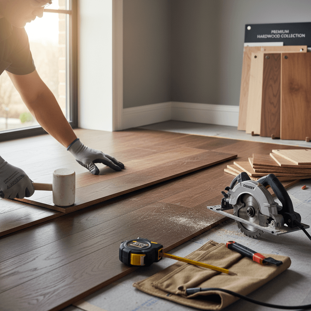 Hardwood flooring installation with wood samples and professional tools