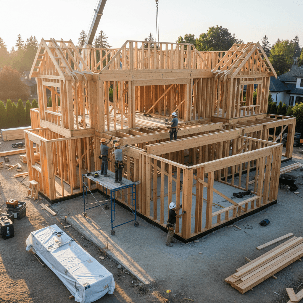 Active residential construction site showing wooden framing of detached house with multiple workers during afternoon sunlight