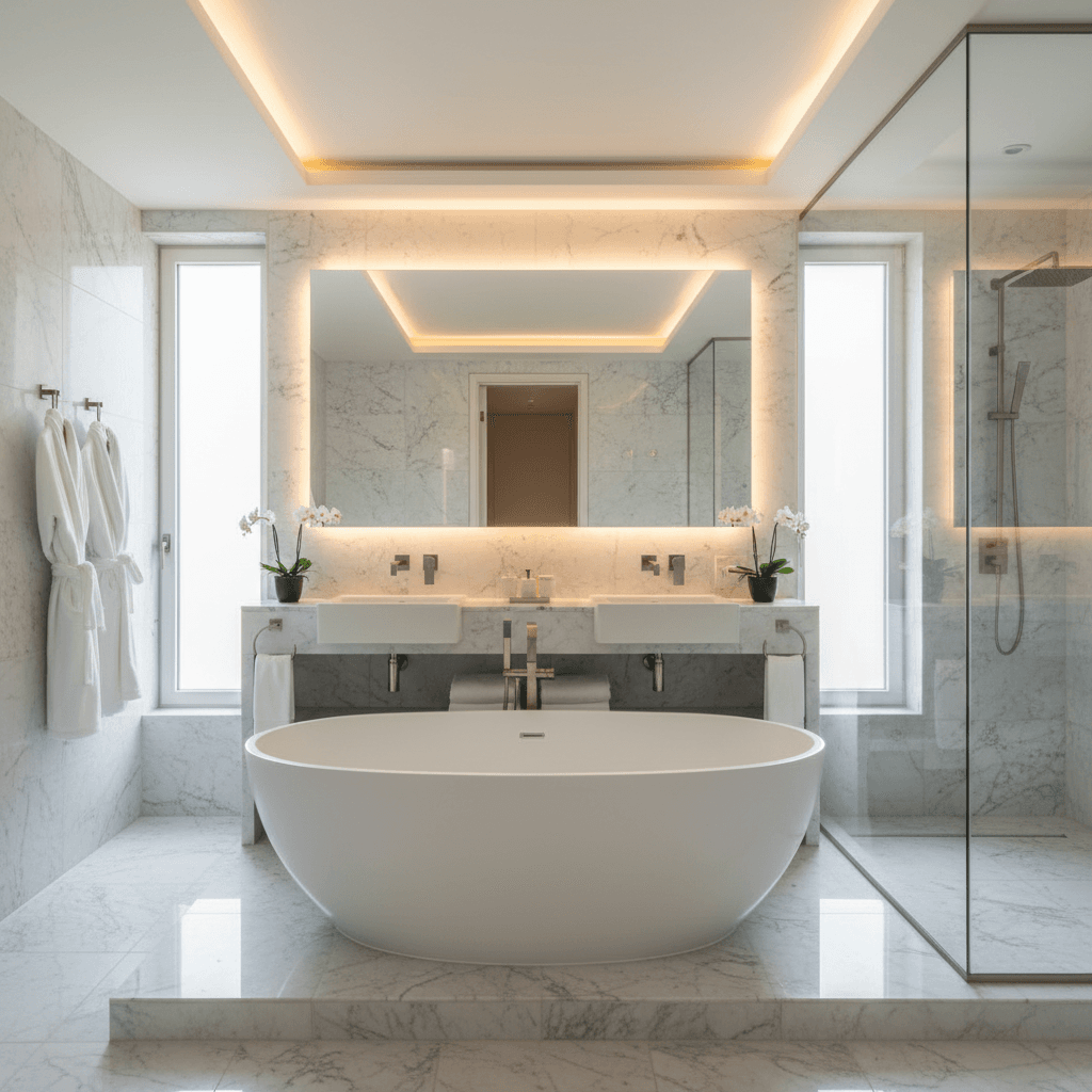 Luxury bathroom with marble tile and premium fixtures installation