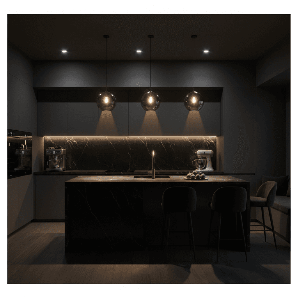 Layered professional lighting design in luxury kitchen