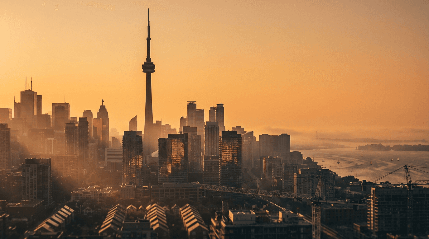 Aerial view of Toronto's CN Tower during golden hour, rising above downtown with layered rooftops and waterfront in haze.