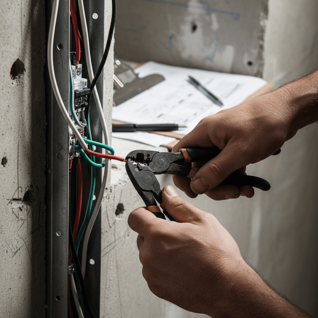 Professional electrician's hands installing wiring and circuit components with precision tools and technical expertise