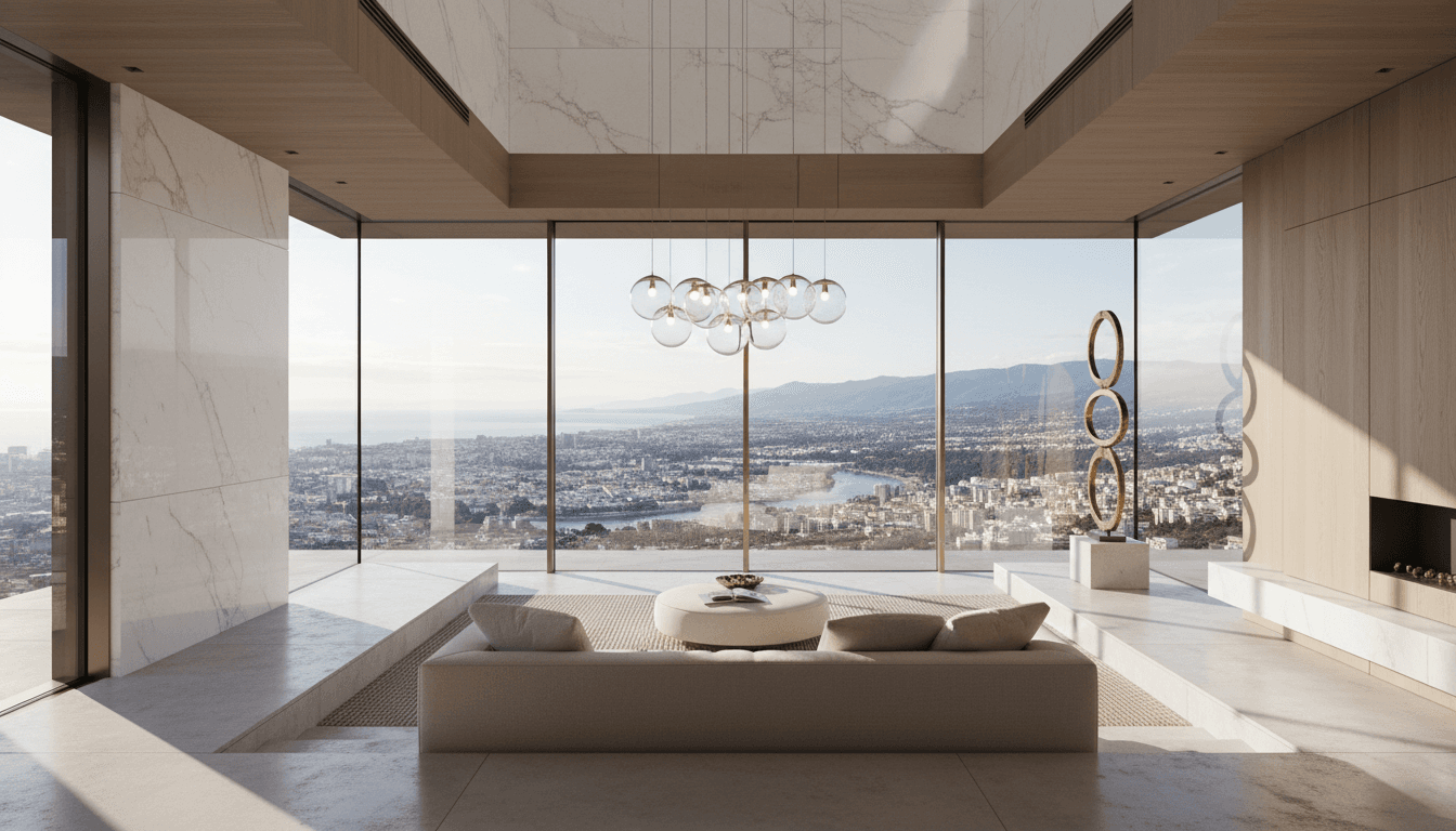 Luxury contemporary living room with floor-to-ceiling windows, premium furnishings, and panoramic landscape views