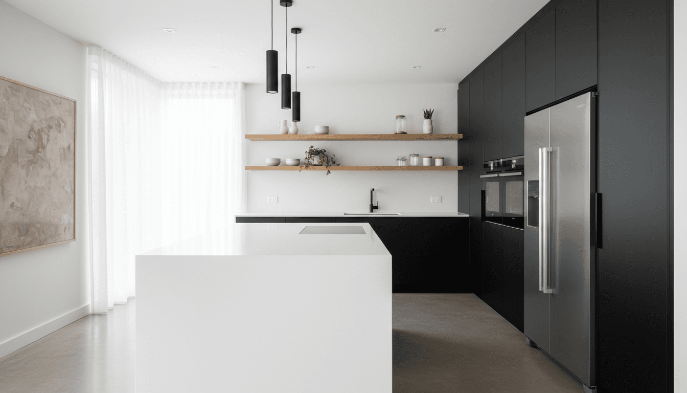 Modern kitchen with stainless steel appliances and custom design