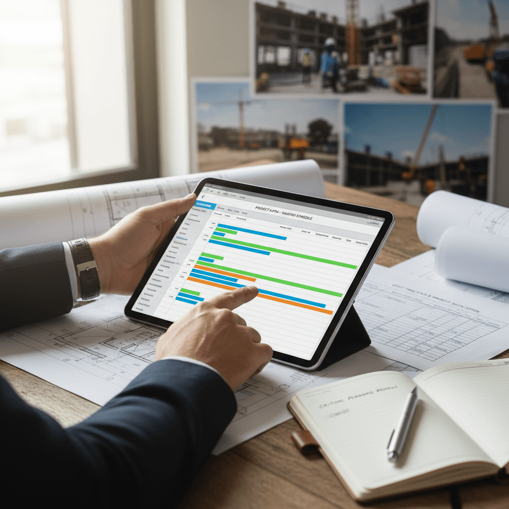 Project manager reviewing construction timeline and budget spreadsheet on tablet with architectural blueprints on wooden desk
