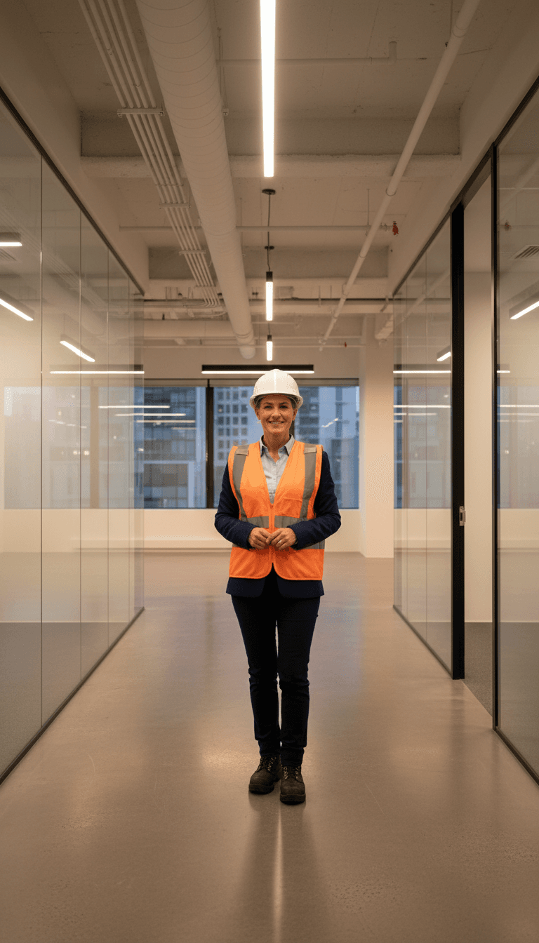 Construction project manager standing confidently in completed modern commercial office space wearing safety vest and hard hat