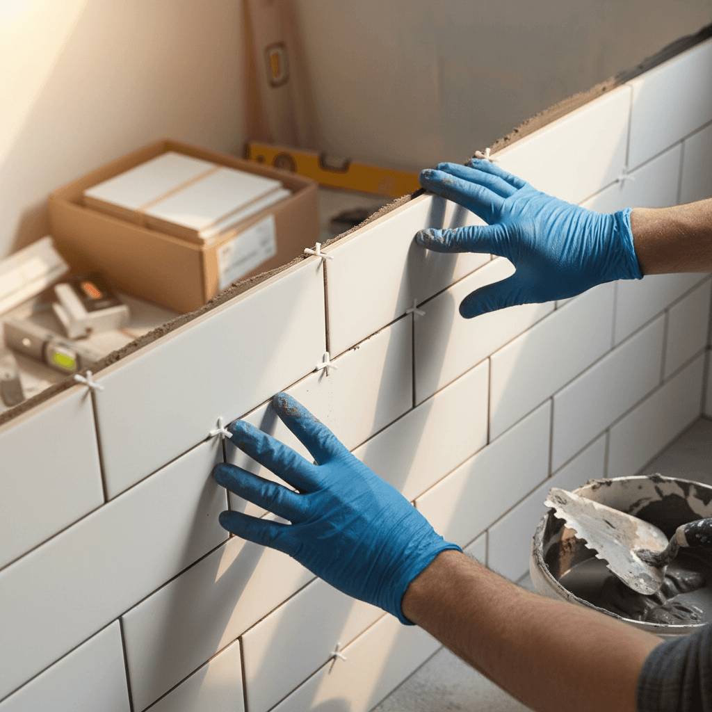 Expert hands carefully installing subway tiles on bathroom wall with proper spacing and grout application