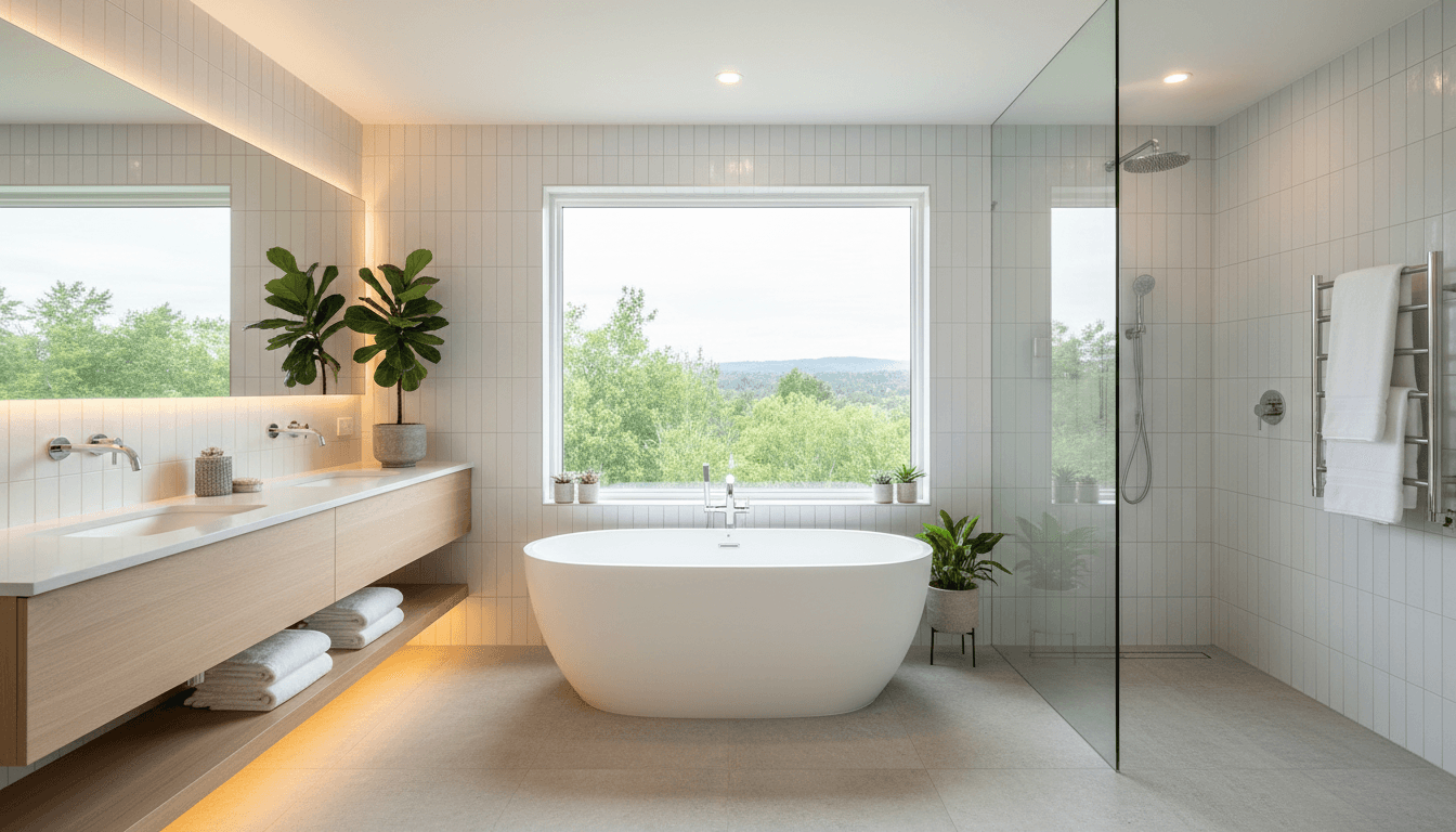 Luxurious renovated primary bathroom with freestanding soaking tub, floating vanity, and spa-like finishes bathed in natural light