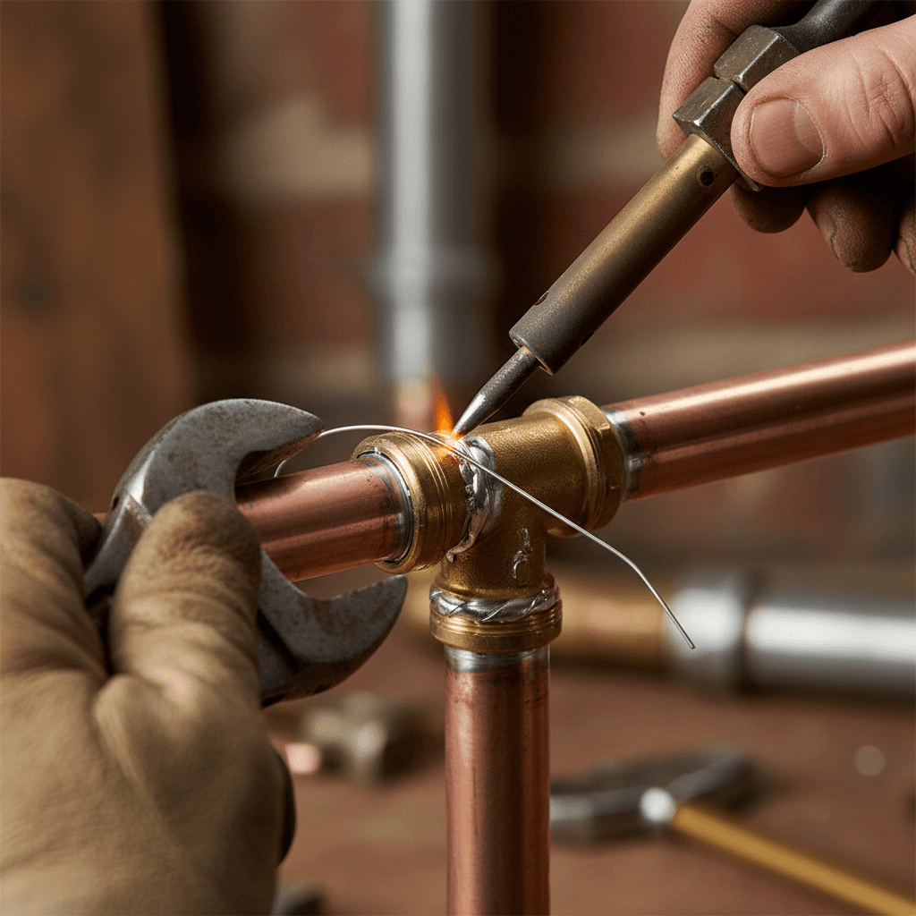 Close-up of plumber's hands soldering copper pipe fittings with precision tools and focused lighting